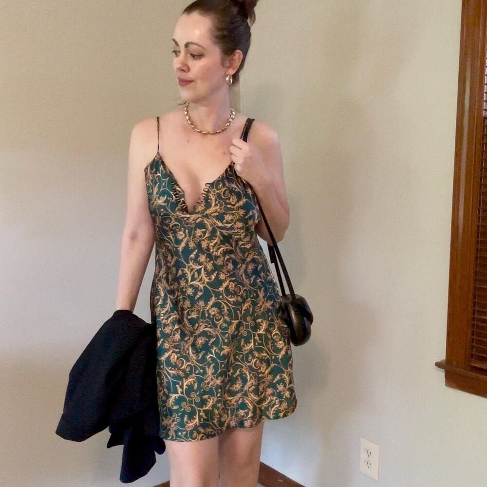 Vintage 90s Emerald Green Gold Baroque Mini Slip Dress | Satin Lingerie Dress M